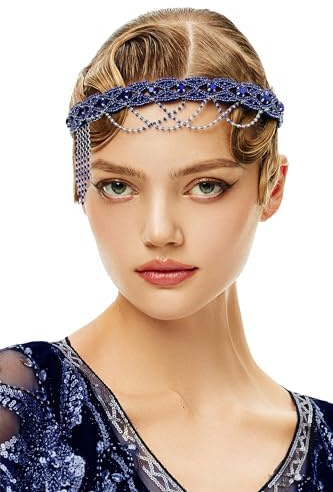 BABEYOND Flapper 1920s Gatsby Stirnband - 20s Vintage Strass Haarband Hochzeit Prom Haar Kopfkette Stirn Kopfschmuck für Damen blau