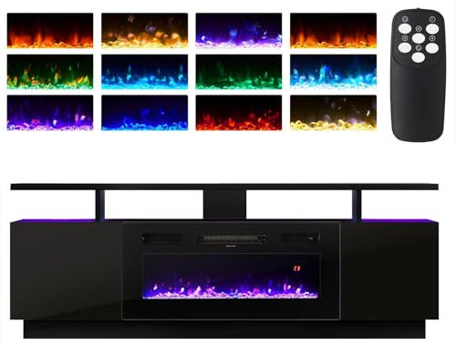 Electric Fireplace TV Stand 180cm Media Console with Storage, 92cm Fireplace Insert & Remote Control,12 LED Backlight & 12 Flame Colors, Adjustable Temp 900W/1800W black