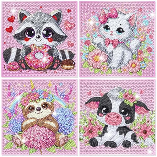 4 st komplett diamantmålningssats för barn, DIY 5D diamantmålning för nybörjare, djur diamantbilder, kreativa hantverk för barn och vuxna, dekoration och presenter (15 x 15 cm)