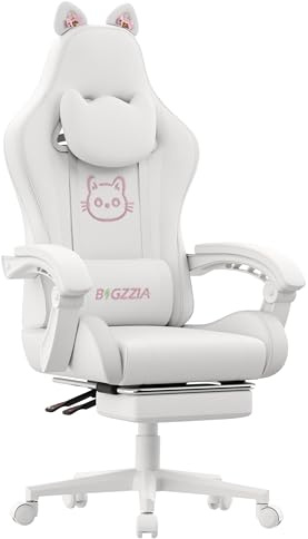 Racingreat Gaming-Stuhl mit Katzenohren und Massagefunktion (Weiß) | PC Gaming Chair mit Cat-ear massage, PU-Leder, Memory-Schaum, 90°–135° Neigungswinkel, Frauen Erwachsene Gamer Büro Pause