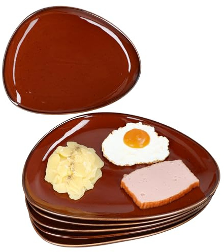 MamboCat Marron Taste 6er Set Speiseteller I (LxB) 30,7x24cm I kastanienfarbenes Porzellan I organische Form mit Farbsprenkel & verblichenen Kanten I Ess- & Servierteller