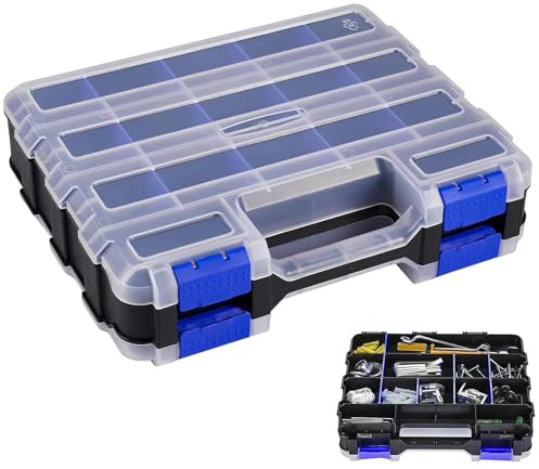 AMONENZ Organizador de Tornillos con 34 Compartimentos, Doble Cara Caja Organizadora Tornillos, Portátil Caja Clasificadora de Herramientas, con Tapa Transparente, para Talleres, Salas Herramientas