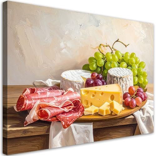 Feeby Wandbilder - Bilder Schlafzimmer - Platte mit Wurst und Käse - 120x80 1tlg - Wohnzimmer Bild Groß - Wohnungs - Foto Geschenk - Leinwand Wall Art - Wand Deko