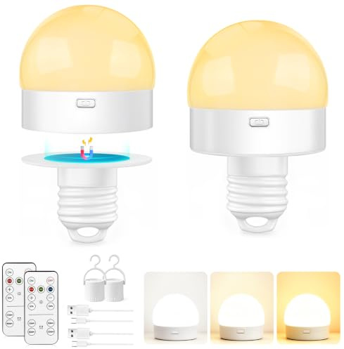 Morotty Wiederaufladbare E27 LED Glühbirne für Notfälle Camping | Aufladbare Glühbirne mit Abnehmbarem Magnetfuß, Dimmbar,3 Farben, Fernbedienung und Timer