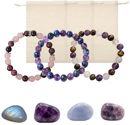 Sereniva Menopause Bracelet, Healing Natural Stone Jewelry with Amethyst, Moonstone, Calming Balance Jewelry Spiritual Mood Rose Quartz Bead Stretch Bracelets for Women (3colors)