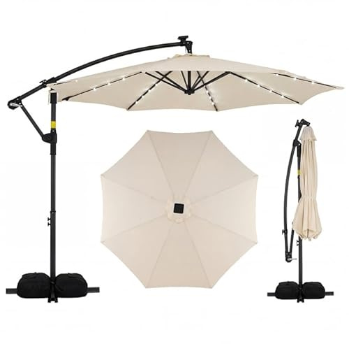 COSTWAY Sombrilla Terraza Exterior con Base, Parasol Excentrico con 32 Luces LED, Rotación de 360°, Manivela, Sacos de Arena, Sombrilla Jardín Grande para Patio Terraza (300 x 300 cm（con Luz）,Beige)