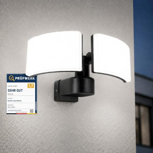 SSC-LUXon NORSU Wandstrahler schwarz IP65 Doppelstrahler neutralweiß | Zweiflammiger Wandfluter schwarz - schwenkbar, neutralweiß, mit Durchgangsverdrahtung, für Fassade, Einfahrt & Carport, IP65