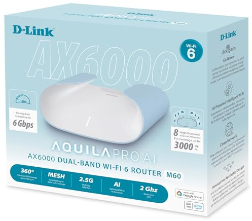 D Link M60 AX6000 WiFi 6 Mesh Router — Diseño listo para decoración esculpida — WAN de 2,5 Gbps + LAN de 4 Gbps, juegos, transmisión/Internet, cobertura inalámbrica de 360° optimizada de largo alcance