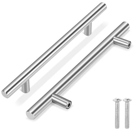 Flexzion 1 Pack Kitchen Cabinet Handles Silver Drawer Pulls 8 inch, 5 inch Hole Center, Stainless Steel T Bar with Satin Brushed Nickel, Hardware for Kitchen Cupboard Door Bathroom Furniture