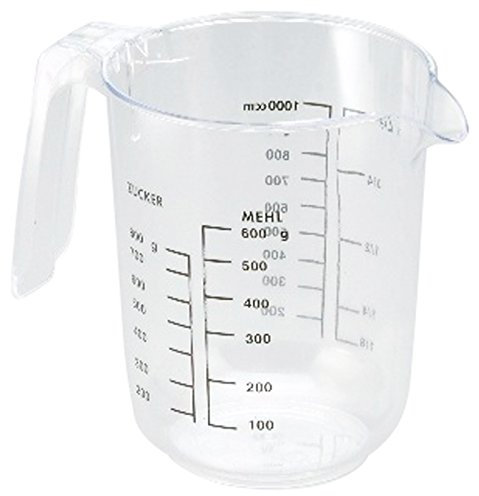 Messbecher aus klarem Polystyrol, mit offenem Griff, gedruckte mehrsprachige Skalen, Liter, ccm und Zucker, Mehl/Höhe: 15 cm, Inhalt: 1 ltr. | ERK