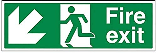 V Safety Fire Exit Arrow Down Left Sign - Landscape - 450mm x 150mm - 1mm Rigid Plastic, Green