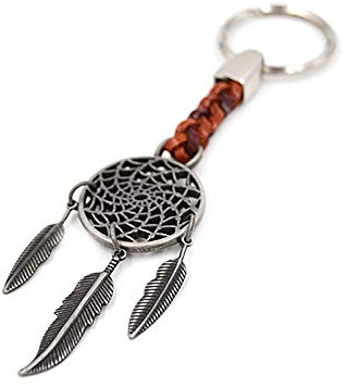 Claro Schmuck Schlüsselanhänger Ring Dreamcatcher Traumfänger mit 3 beweglichen Federn am Ende eines Lederriemens, 9 cm plus Ring 2,5 cm, Silber, 11,5 cm, Silber, 11,5 cm, silber, 11,5 cm