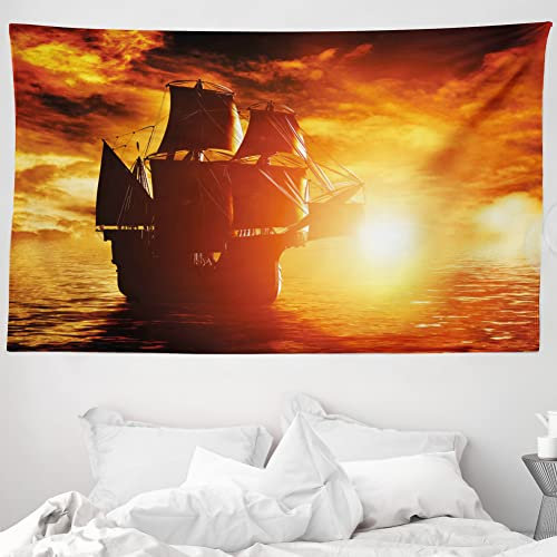 ABAKUHAUS Piratenschiff Wandteppich und Tagesdecke, Schiff Sonnenuntergang aus Weiches Mikrofaser Stoff Waschbar ohne Verblassen Digitaldruck, 230 x 140 cm, Schwarz Hellorange