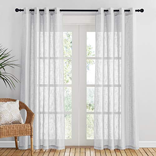 PONY DANCE Schlafzimmer Gardinen und Vorhänge Leinenoptik Halbtransparent Fenster Vorhang für Wohnzimmer Gardinenschals mit Ösen, 2er Set H 210 x B 132 cm, Hellgrau