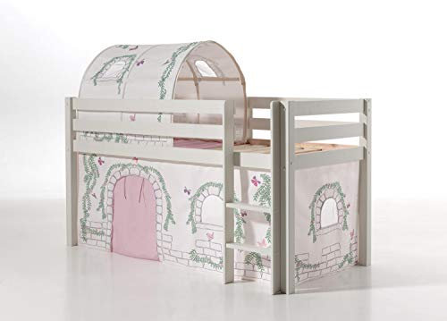 Vipack Spielbett Pino mit Textilset Vorhang und Tunnel Birdy Kiefer massiv weiß lackiert