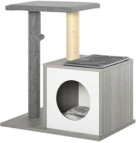 PawHut Árbol para Gatos 59x39x62 cm Rascador para Gatos de 3 Niveles con Plataformas Postes de Rascado Cueva de Madera Espaciosa Cojines Extraíbles Suaves Bola de Juguete Gris