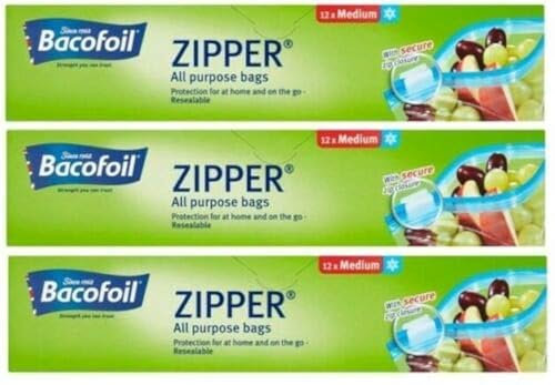 Bacofoil 3 x Zipper Medium All Purpose Bags Food Freezing Storage Bags (total 36 bags)