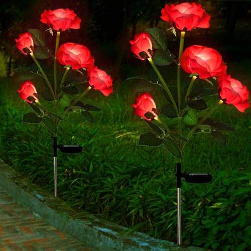 HELESIN Solar Lights - Outdoor Ornaments, Flower & Rose Lights for Garden, Yard, Patio, Pathway, Weddings & Proposals (Red)