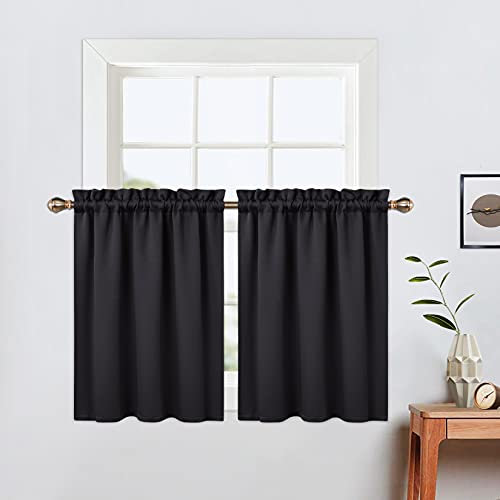 LinTimes Blackout Küchenvorhänge, Stangentasche Kurzer Verdunkelungsvorhang für kleine Fenster,Thermofenstervorhänge,66cmx76cm(26x30 inch),2 er Set Schwarz