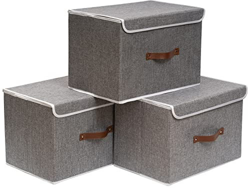 OUTBROS Large Collapsible Storage Box, Linen Fabric Wardrobe Containers with Lid, Organiser For Towels, Clothes, 15 x 9.8 x 9.8 inch (Grey, 3-Pack)