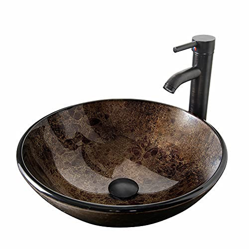 YU YUSING Waschbecken Aufsatzwaschbecken Hand Waschschale Wasserhahn Ablaufgarnitur Set, Waschplätze Glas für Bad Küche Gäste WC Badezimmer, 42 x 42 x 14 cm