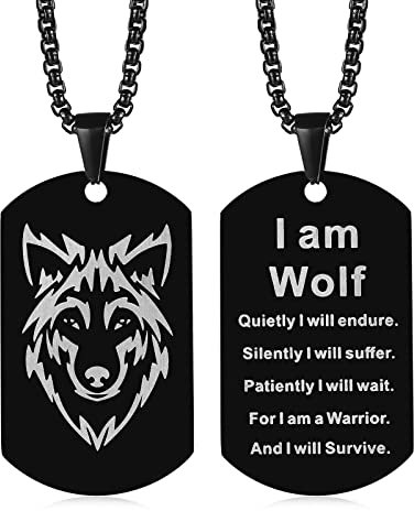 TempBeau Halskette Herren Wolf Hundemarke Schwarz Edelstahl Dog Tag Anhänger für Männer mit 60cm Kette Militär Stil Herren Schmuck