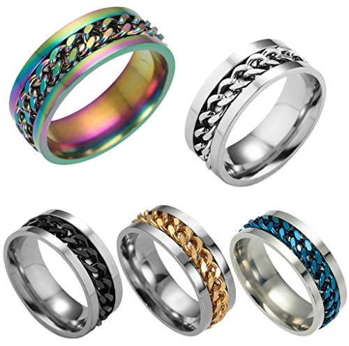 Daxlizy 5 Stücke Edelstahl Ringe - Vintage Breit Mit Kette, 19-23mm Innen-Durchmesser Drehbar für Herren Damen 5 Farben, Bieröffner, Flaschenöffner
