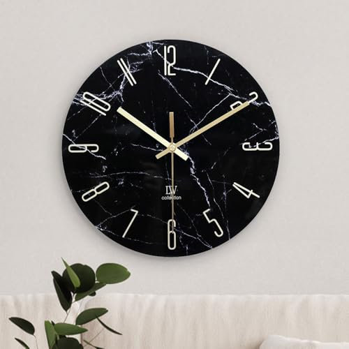 LW Collection Wanduhr Glas Marmor Cooper Schwarz 30cm - kleine Uhr - Leise Wanduhr - Küchenuhr leises Uhrwerk - Marmoruhr
