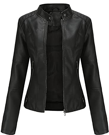 DEAR MODEL Faux Leather Jacket Women Bomber Jacket Women's Belted Motorcycle Jacket,Black,M