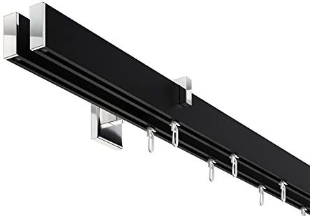DécoProfi Gardinenstange Innenlauf 2-läufig Set Short rechteckig Schwarz/Verchromt I Länge: 320cm Aluminium für Wandmontage I Als Gardinenschiene & Vorhangstange geeignet