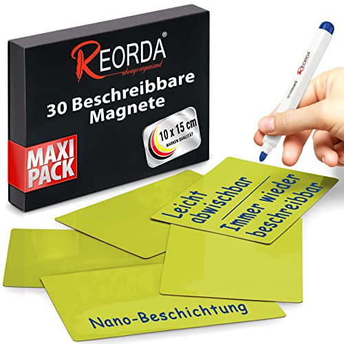 Reorda® Magnetstreifen beschreibbar - 30 Stück wiederbeschreibbar - 10 x 15cm (Grün) - Beschreibbare Magnete für Whiteboard, Kanban, Magnettafel oder als beschriftbare Magnete für den Kühlschrank