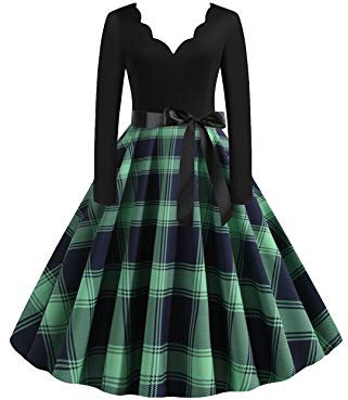 EFOFEI Damen Weihnachts Langarm Kleid - Cocktail Weihnachtskleid Mit Druck Und Blumenspitze - A-Line Elegantes Festlich Vintage Hepburn Kleid - Blau S