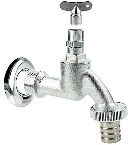 tecuro Auslaufventil 3/4 Zoll, Steckschlüssel-Oberteil, Schlauchtülle, Wandrosette, Dichtband, MS mattverchromt - 22834-SWD