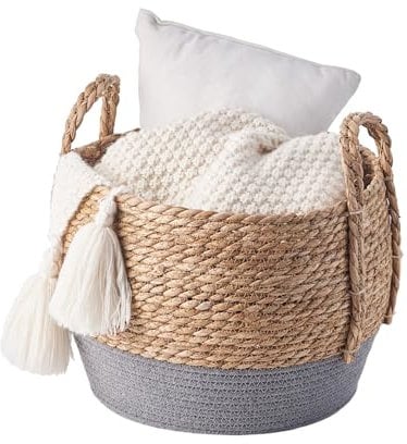 Eden & Willow Natural Straw Woven Plant Storage Basket, Home Organisation Hamper Basket with Handles (Grey, Large)
