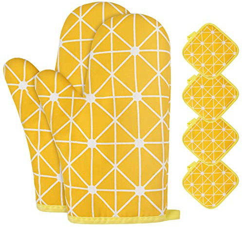 AUAUY Oven Mitts and Potholders BBQ Gloves-Oven Mitts and Pot Holders with Recycled Infill Cotton Non-Slip Cooking Gloves for Cooking Baking Grilling (6-Piece Set,Yellow)