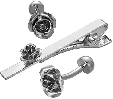 RunootPR Argent Kit Bouton Manchette et Pince à Cravate Homme Personnalisé Roses Accessoires de Chemise de Smoking Cadeau de Mariage Anniversaire Fête Des Pères