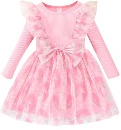 Toddler Baby Girls Dress Ribbed Long Sleeve Ruffle Unicorn/Mermaids Tulle Bowknot Dresses Casual Party Princess Dress for Girls 1-6 Years Pink