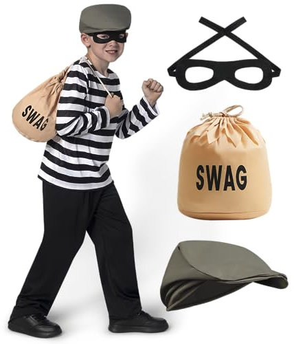 Spooktacular Creations Kinder Räuber Kostüm, Einbrecherhemdhose, Unisex Bank Robber Kostüm für Jungen, Girls Halloween Dress Up, Rollenspiel, Cosplay-Party-L