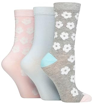 SockShop Wildfeet Ladies Bamboo Socks -Patterned Fun and Colourful Soft Breathable Socks Multipack of 3 Pairs (UK, Numeric, 4, 8, Regular, Regular, Flowers Grey/Pink/Blue)