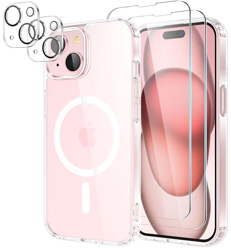 YIRSUR Magnetic Case for iPhone 15 Plus with 2 Pack Screen Protector and 2 Pack Camera Lens Protector, [Compatible with Mag Safe] Soft TPU Shockproof Anti-Scratch Cover for iPhone 15 Plus Clear
