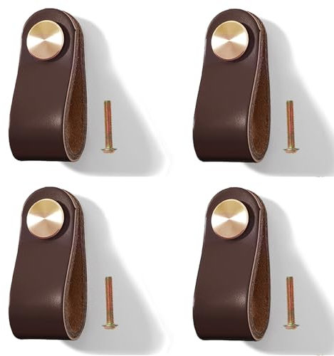 Yuaaoh Lederknöpfe Möbel 4 Stück Schubladenknöpfe aus Leder Schrankgriffe Lederschlaufen mit Schrauben Knöpfe Kommode Leder Schrank Ledergriffe für Wohnkultur, Möbelgriffe Einzelloch (Dunkelbraun)