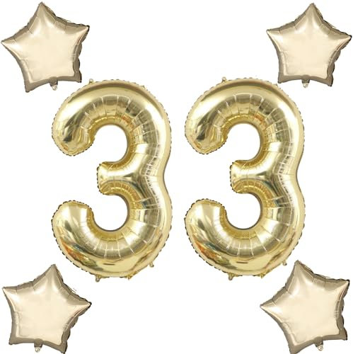 Blasses Gold Luftballons Zahl 33+4 pcs stern Folienballon Zahl 33 .Geburtstag frau mädchen,40 Riesenzahl Ballons 33 .geburtstagsdeko mann,Zahlenballon 33, Helium Ballons 33 Zahlen Luftballon
