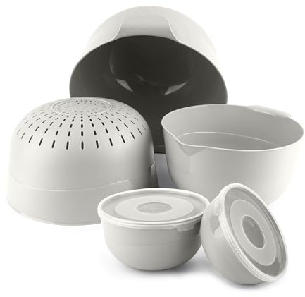 KADAX Schüsselset 5-tlg. mit Deckel, Salatschalen, Plastikschüsseln zur Aufbewahrung von Speisen, Obstschalen, Stapelbare Servierschalen, Rührschüsseln (Weiß)