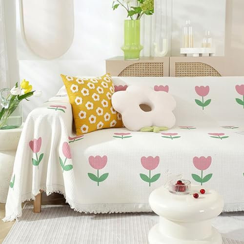 ANAZOZ Sofa Überwurfdecke 1 Sitzer, Couch Überzug Polyester Einfarbige Weiße Waffeloptik mit Blumenmuster Sofa Decken Bezug 180x130