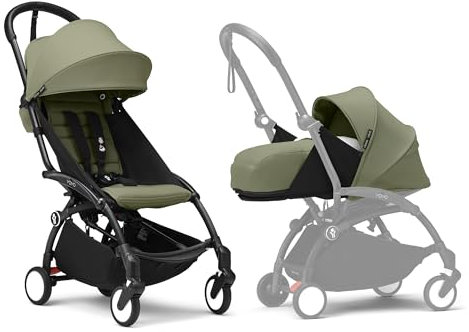 Poussette Stokke YOYO3 avec pack nouveau-né et pack couleur 6+ - Comprend un cadre noir, un pack couleur YOYO 6+ (Olive) et un pack nouveau-né 0+ (Olive)