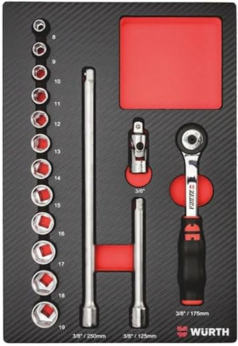 Würth 3/8 Zoll Steckschlüssel Satz 16 Teile in Schaumeinlage 4.4.1 mit Ratsche Knarre Nusskasten für Werkstattwagen 0965905102