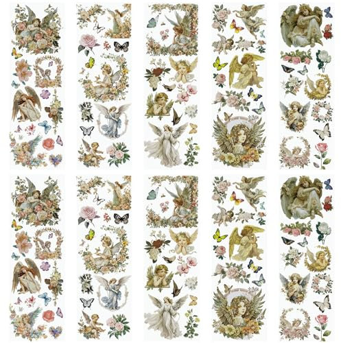 WANDIC 10 Blatt Transfer-Aufkleber, Vintage-Blumen und Engel-Thema für Möbel, Tisch, Wasserflasche, Basteln, 30 x 9,9 cm