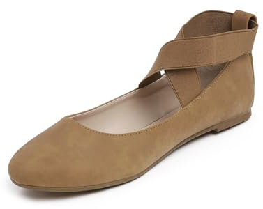 Feversole Women's Stretchy Elastic Ankle Straps Ballet Flats Shoes Camel Nubuck Vegan Leather Size 7 UK
