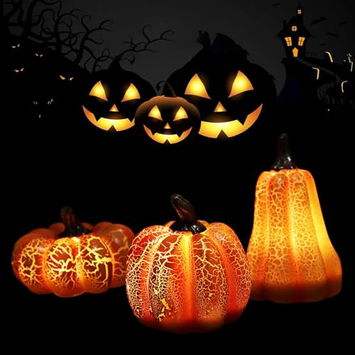 Herbstdeko Kürbis Deko Figuren mit Led Licht,3 Stück Dekor Led-Kürbislampe,Herbst Deko Kürbis Laterne,Lichterkette Kürbis,Licht fur Tischdeko,Halloween Party,Garten Dekofigur.