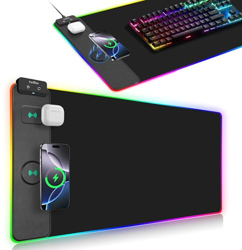RGB Gaming Mouse Pad with Simultaneous Charging for Phone & Airpods, 15W Wireless Charging Mouse Pad, LED Mouse Pad with 13 Light Modes, 31.5x15.7 Extra Large Mousepad, Non-Slip Desk Mat for Gaming